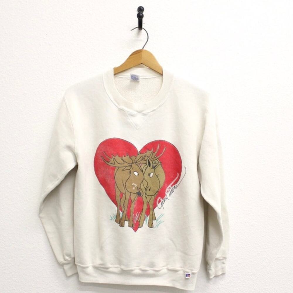 Vintage 90s Grand Tetons Moose Heart Sweatshirt Mens Small White